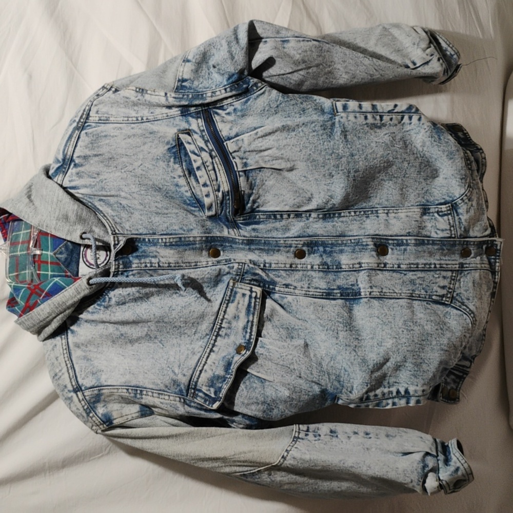 (C-72) New Image Stonewash Denim Vintage Zip/Button Up Jacket W/Hood Oversized